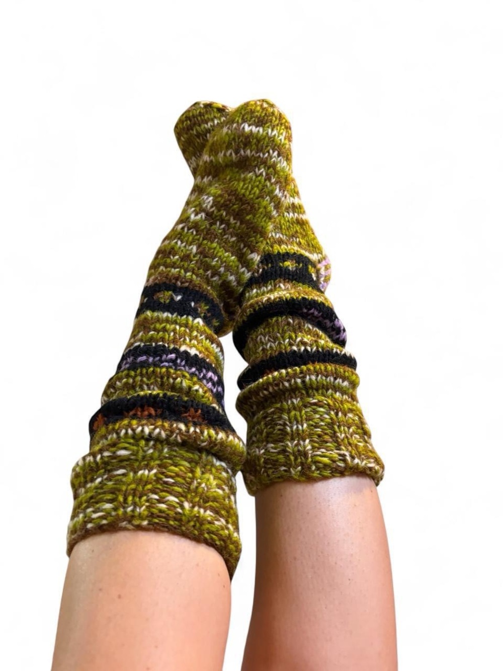 Handmade in Nepal 100% wool socks with green, black, and white striped pattern